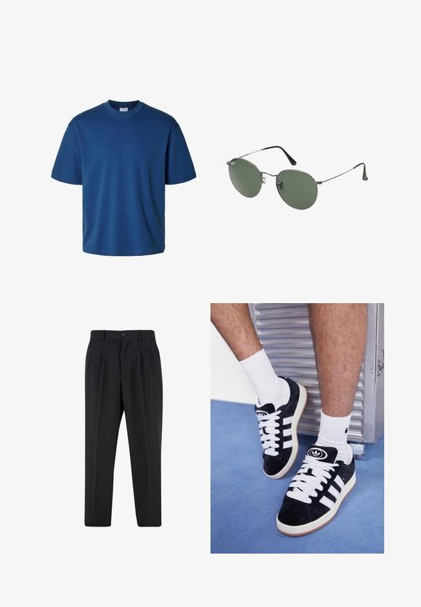 Selected Homme SLHLOOSEOSCAR O NECK TEE - Basic póló - limoges; Fekete nadrág, pliszézett elejű dizájnnal, sima anyagból készült. Gombos záródás és övhurkok jellemzik; egyenes szabású.; Fekete velúr sportcipők fehér fűzőkkel és három fehér csíkkal. A nyelvén egy kör alakú fekete logó található, valamint egy gumis talp.; Fémkeretes napszemüveg ovális zöld lencsékkel. Vékony ezüst színű fémkeret és fekete fülrész. Minimalista dizájn, látható logók nélkül.