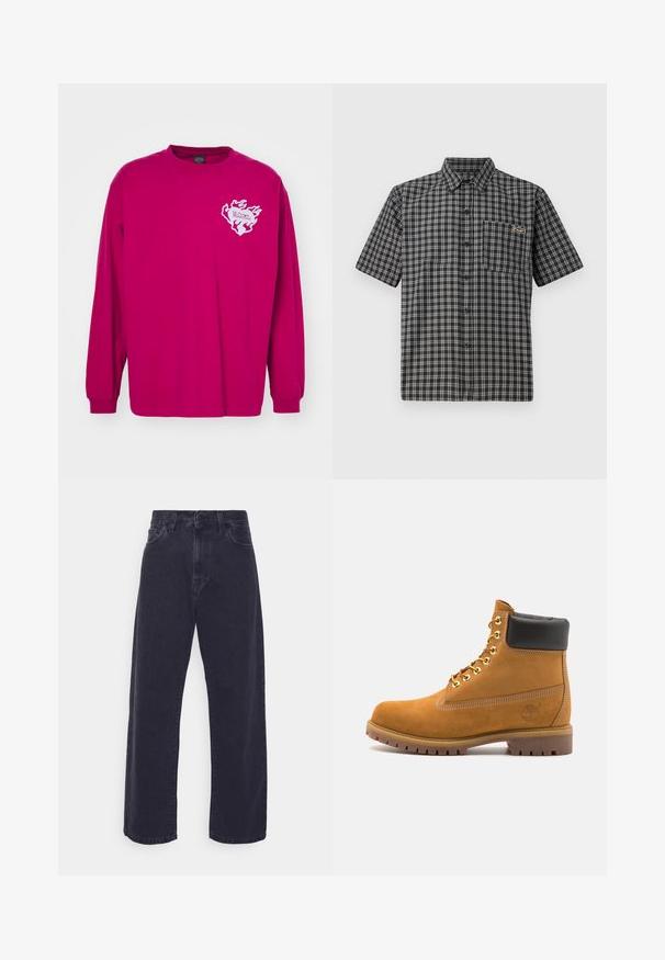 Koszulka z długim rękawem w jasnoróżowym kolorze z bawełny. Posiada biały wzór płomienia z tekstem na lewej piersi. Ribowane mankiety, okrągły dekolt.; Koszula z krótkim rękawem w czarno-białą kratę, z kołnierzykiem na guziki, kieszenią z przodu oraz małą naszywką na piersi.; Jeans z ciemnego denimu o szerokim kroju nogawek, wysokim stanie i pięciu kieszeniach. Posiada klasyczny zamek błyskawiczny i guzik z przodu.; Beżowe zamszowe botki sięgające kostki z czarną wyściełaną krawędzią, złotymi oczkami, białymi detalami szycia oraz wytrzymałą gumową podeszwą z wyraźnym bieżnikiem.