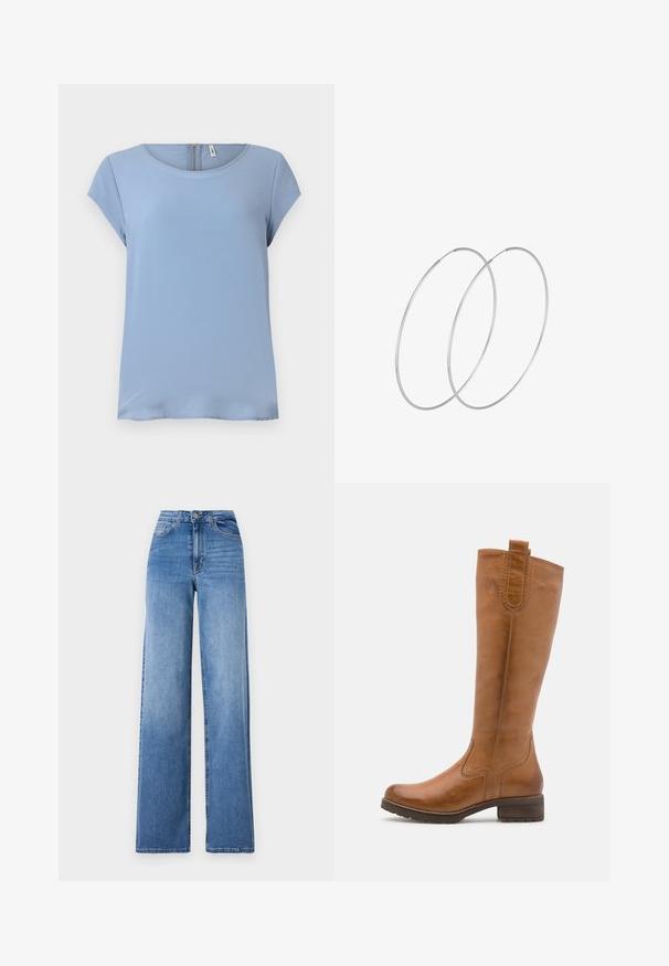 Šviesiai mėlynas trumpomis rankovėmis viršus su apvaliu kaklu ir užtrauktuku nugaroje. Lygus audinys su subtilia tekstūra ir laisvas siluetas.; Šviesiai mėlynos plačių kojų džinsai, pagaminti iš džinsinio audinio, su aukštu liemeniu, priekinėmis kišenėmis ir standartiniu mygtuko uždarymu. Lygus paviršius.; Anna Field LEATHER  - Batai - cognac; Sidabrinės pusmėnulio auskarai minimalistiniu dizainu. Apskritimo forma, lygus paviršius ir plonas profilis. Lengvi su poliruotu apdailu.