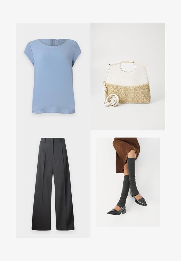 Helles blaues T-Shirt mit kurzen Ärmeln, rundem Ausschnitt und einem Reißverschluss auf der Rückseite. Glatter Stoff mit einer subtilen Textur und lockerer Passform.; Weite Hosen aus dunkelgrauem Stoff, mit hoher Taille, einzelnen Falten und einer glatten Textur mit sauberen Abschlüssen an den Säumen.; Schwarze lacklederne spitze Schuhe mit Blockabsatz und Knöchelriemen, kombiniert mit grauen gerippten Beinstulpen und einem braunen Wildlederrock.; Weiße Lederhandtasche mit einem strukturierten cremefarbenen gewebten Stoffboden. Verfügt über einen goldfarbenen Griff und einen gewickelten weißen Trageriemen für Vielseitigkeit.