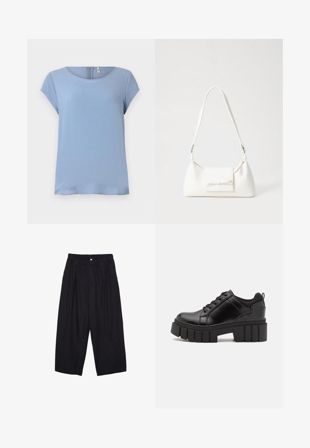 Svetlo modra kratka majica s kratkimi rokavi in okroglih izrezom ter zadrgo na hrbtu. Gladek material z rahlo teksturo in sproščenim krojem.; Črne poliesterske culotte hlače z elastičnim pasom, dvema sprednjima nabiranjema in ohlapnim krojem. Brez vidnih vzorcev ali kovinskih detajlov.; Črne usnjene platforme z debelim blokastim petam, okroglo konico in klasičnim vezanjem. Imajo gladko teksturo in minimalne podrobnosti.; Bela sintetična torbica v obliki trikotnika, z ravnim sprednjim poklopcem in detajlom mašne, nastavljivim trakom, gladko teksturo in minimalističnim dizajnom.