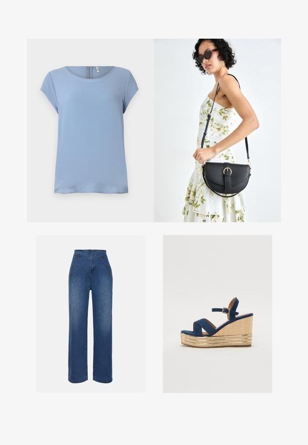 Jasnoniebieska bluzka krótki rękaw z okrągłym dekoltem i zapięciem na zamek z tyłu. Gładki materiał o subtelnej teksturze i luźnym kroju.; Jeans o wysokim stanie w średnim niebieskim kolorze. Charakteryzują się guzikami z przodu i szerokimi nogawkami. Tkanina ma gładką teksturę z lekkim przetarciem.; Granatowe sandały na koturnie z krzyżującymi się paskami, teksturowaną platformą z naturalnego włókna oraz złotym metalicznym akcentem na podstawie.; Czarna skórzana torebka o zakrzywionym kształcie, z odpinanym paskiem i złotymi akcentami. Torebka posiada klapę z zapięciem w kształcie klamry.