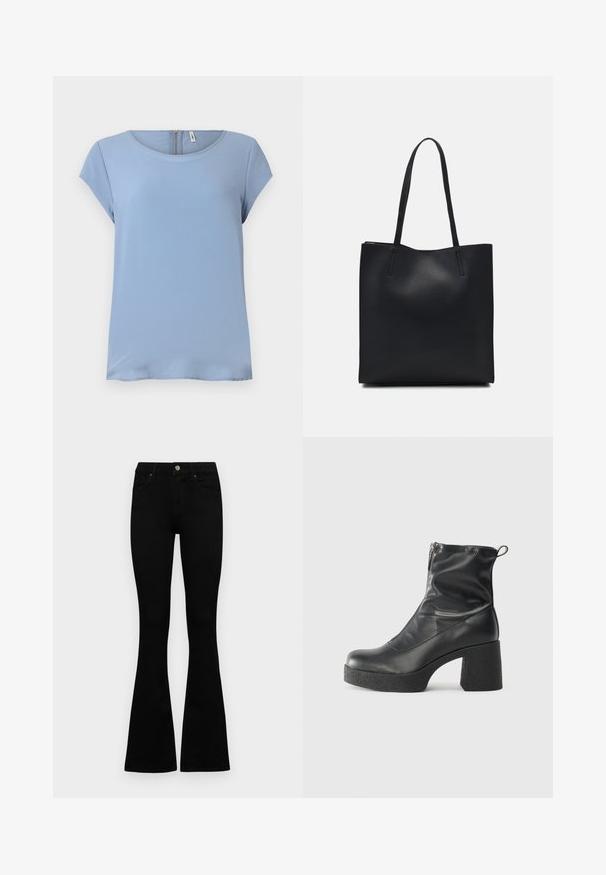 Svetlo modra kratka majica s kratkimi rokavi in okroglih izrezom ter zadrgo na hrbtu. Gladek material z rahlo teksturo in sproščenim krojem.; Črne visokotopne kavbojke z gumbom in zadrgo, sprednjimi žepi in razširjenimi hlačnicami, poleg bel background.; Črne gležnjarje iz gladke kože z božnim zadrgo, masivnim teksturiranim peto in zaobljeno obliko prstov.; Črna usnjena torba s svilnato teksturo, pravokotne oblike in dvema dolgima ročajema. Brez vidnih metalnih delov ali okrasnih elementov.