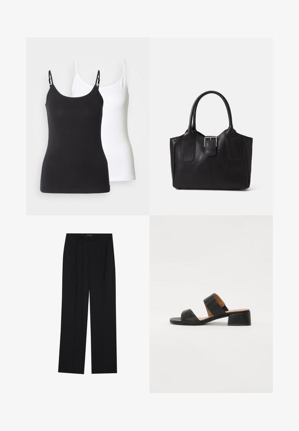 Czarno-białe bawełniane koszulki na ramiączkach z regulowanymi cienkimi paskami, o dopasowanym kroju i gładkiej fakturze.; Czarne spodnie o prostym kroju nogawek, z dwoma przednimi kieszeniami i paskiem w talii. Wykonane z gładkiego, lekkiego materiału.; Czarne skórzane sandały z dwoma szerokimi paskami na stopie, kwadratowym czubkiem i niskim słupkowym obcasem. Gładka tekstura i minimalistyczny design.; Czarna skórzana torba tote o gładkiej fakturze, usztywnionym kształcie, dwóch uchwytach oraz wyraźnym srebrnym zapięciu na przodzie.