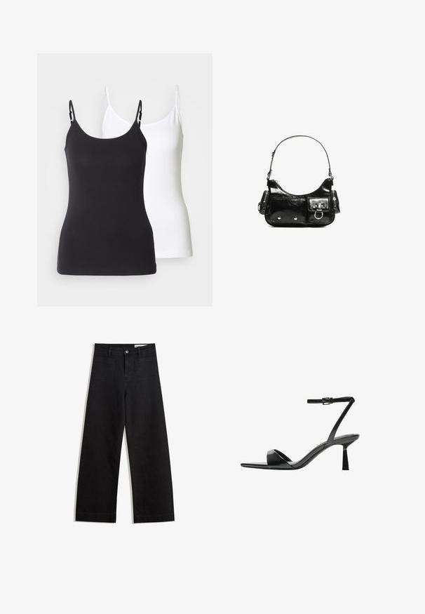 Čierne a biele bavlnené tielka s nastaviteľnými tenkými ramienkami, s priliehavým strihom a hladkou textúrou.; Čierne denimové nohavice s širokými nohavicami a vysokým pásom, so prednými a zadnými vreckami, šitými švami a zapínaním na gombík. Hladká textúra.; Bershka Sandále na vysokom opätku - black; Čierna laková kožená kabelka s ohnutým tvarom, jedným ramenným popruhom, prednými vreckami a striebornými kovovými doplnkami.
