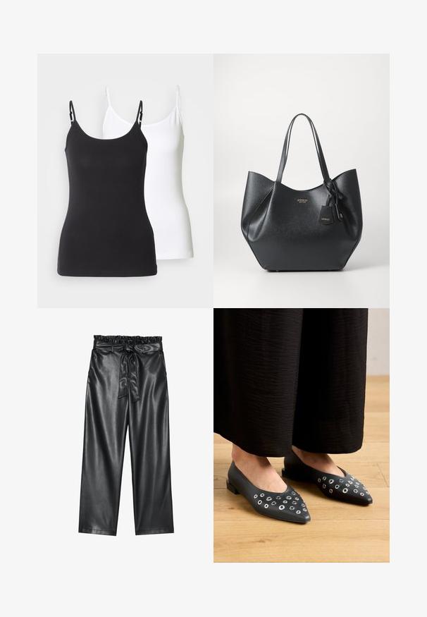 Sorte og hvite bomullscamisoler med justerbare tynne stropper, med en tettsittende design og glatt tekstur.; Sorte faux lær brede bukser med en elastisk, bølget talje og et aftageligt bånd. Glat tekstur og minimal glans.; Sorte lærersandaler med spiss tå, som har metalløye-detaljer i forskjellige størrelser, og en lav firkantet hæl. Glatt tekstur på tregulv.; Svart tote bag laget av teksturert syntetisk materiale med en bred silhuett, med doble håndtak og detaljer med merkevedheng.; Sølv ringøredob med en polert finish, med små gull detaljer og en rund form, båret på øreflippen.