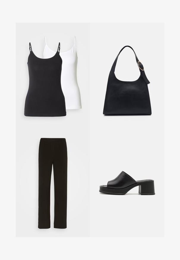 Black and white cotton camisoles with adjustable thin straps, featuring a fitted design and smooth texture.; Black, straight-leg trousers made of woven fabric, featuring a flat front, two side pockets, and a smooth texture. No visible patterns or accents.; Black leather platform mules with a rounded open toe, low block heel, and smooth texture. Minimalist design with sleek lines.; Black leather tote bag with a smooth texture, rounded body, and a single shoulder strap featuring a circular gold hardware accent.