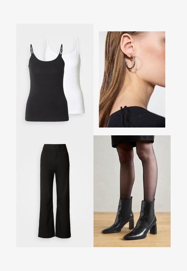 Black and white cotton camisoles with adjustable thin straps, featuring a fitted design and smooth texture.; Black wide-leg trousers with a smooth texture, high waist, and a clean design. No visible pockets or embellishments.; Black leather ankle boots with a pointed toe, chunky square heel, and sleek design. Features elastic side panels for easy wear.; Silver hoop earring with a polished finish, featuring small gold accent details and a round shape, worn on the lobe.