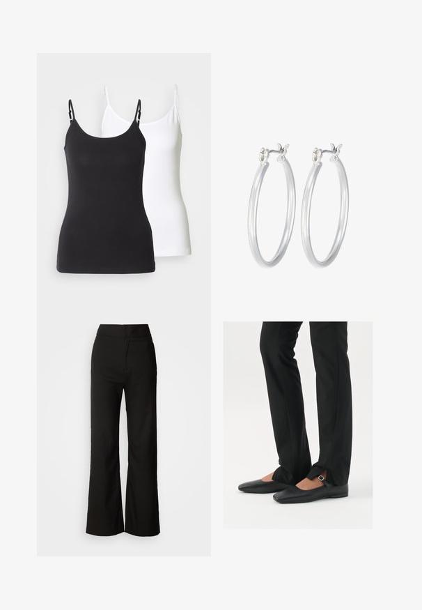 Zwart-witte katoen camisoles met verstelbare dunne bandjes, met een getailleerd ontwerp en een zachte textuur.; Zwarte wijde broek met een gladde textuur, hoge taille en een strakke uitstraling. Geen zichtbare zakken of versieringen.; Zwarte leren balletschoenen met een puntige neus, bandje met een zilveren gesp, gecombineerd met zwarte nauwsluitende broek met een zijsplit.; Zilveren oorbellen in de vorm van een gladde, gepolijste ring. Ronde vorm met een veilige kliksluiting. Lichtgewicht ontwerp, geschikt voor dagelijks gebruik.