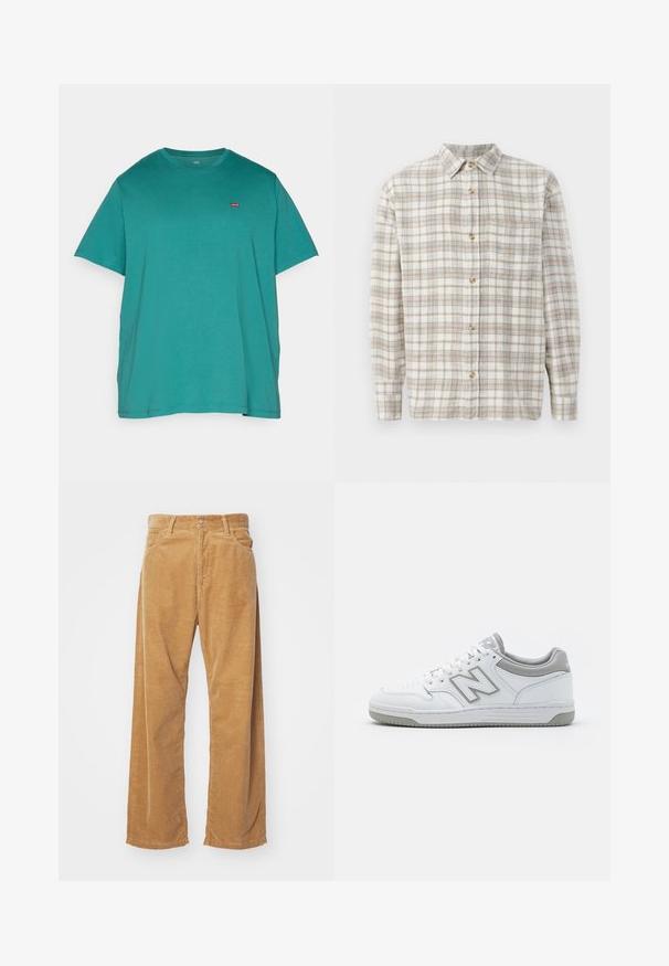 Levi's® Plus BIG ORIGINAL TEE - Lihtne T-särk - deep jungle; Beige ja valge ruuduline särk helesiniste aktsentidega. Pika varrukaga, nupuga esiosa ja üks rindetasku. Puuvillane materjal.; Karedžvõrkudega laiade jalgade püksid beežikas värvuses. Omab tekstuuriga vertikaalseid triibusid, tavalist vöökohta ja kahte esipoolt taskut.; Valged nahast spordijalatsid hallide aktsentidega, millel on perforatsioonidega varvastes koht, lamedad paelad ja mustriline tallaosa. New Balance'i logo külje peal.