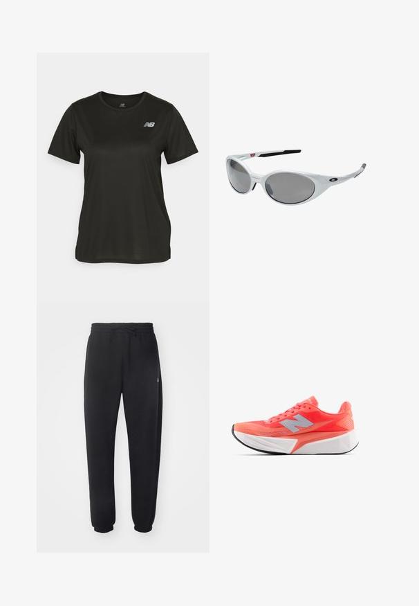 Mustat lyhythihaiset T-paidat, jotka on valmistettu sileästä kankaasta, jossa on pyöreä kaula-aukko ja heijastava valkoinen logo vasemmassa rinnassa.; Mustat collegehousut, jotka on valmistettu pehmeästä materiaalista, joustavalla vyötärönauhalla, narukiristimellä ja kavennetuilla lahkeilla, joissa on huomaamaton logo sivussa.; Kevyt juoksukenkä kirkkaan korallinvärisenä, verkkomaisesta yläosasta ja hopeisesta logoa. Eroava teksturoitu valkoinen välipohja ja musta kumipohja.; Valkoiset muoviset aurinkolasit suurilla soikeilla linsseillä, harmaasävyiset. Varusteena mustat korvavarret ja pieni logo kehyksessä. Sileä pinta.