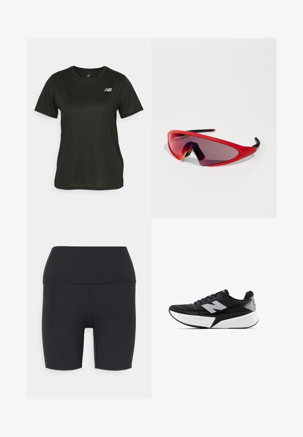 Črna kratka majica s kratkimi rokavi iz gladkega blaga, ki ima okrogel ovratnik in reflektivni bel logotip na levem prsnem delu.; Črne atletske kratke hlače iz raztegljivega materiala, z visokim pasom, gladko teksturo in brez vidnih vzorcev ali opreme.; Črno-bela tekaška obutev New Balance z debelim podplatom, mrežnim zgornjim delom in logotipom "N" na strani, prikazana s zunanje strani.; Rdeče športne sončne očala z obloženim dizajnom, temnimi degradacijskimi lečami in črnimi detajli na štemah. Lahka in aerodinamična oblika.