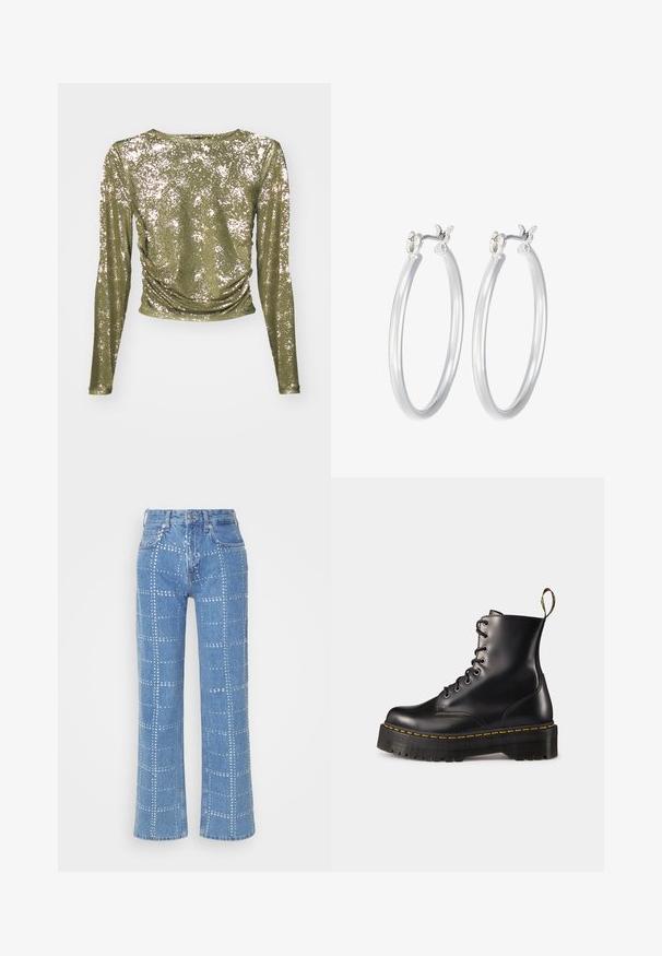 Ilgų rankovių marškinėliai alyvuogių žalia spalva su blizgiu, blizgučių tekstūros paviršiumi, apvaliu iškirpimu ir raukšlių detalėmis juosmenyje.; Šviesiai mėlyni džinsai su tiesiomis kojomis, puošti sidabriniais akutėmis, sudarančiomis tinklelį, ir klasikinio penkių kišenių dizainu.; Juodi odiniai auliniai batai su raišteliais, turintys masyvų juodą pado ir geltoną siūlą. Su nugarinėmis kilpomis ir apvaliais metaliniais akių laikikliais.; Sidabriniai auskarai su sklandžiu, poliruotu paviršiumi. Apvalios formos ir saugus uždarymo mechanizmas. Lengvas dizainas, tinkantis kasdieniam dėvėjimui.