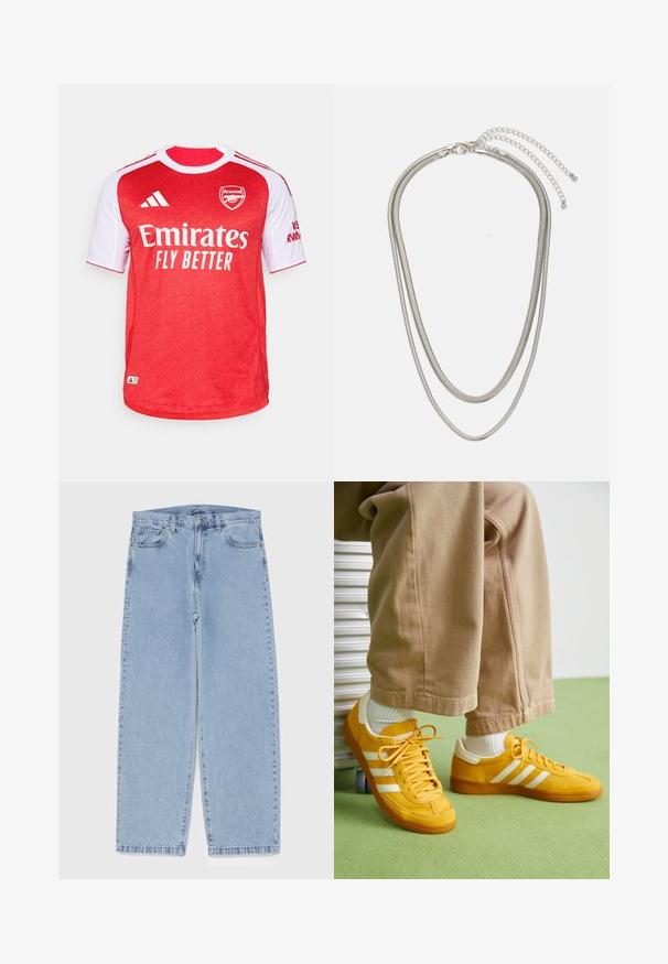 Tricou de fotbal Arsenal, roșu și alb, cu mâneci scurte, având un model texturat, logo-ul "Emirates Fly Better" și benzi Adidas.; Jeans din denim de culoare albastru deschis, cu un design cu picioare drepte, având talie medie, cinci buzunare și un sistem de închidere cu nasture și fermoar.; Tenisi din suede galben cu dungi albe, având o talpă din cauciuc, șireturi din țesătură și un guler căptușit, asortați cu pantaloni din bumbac bej.; Colier din metal argintiu în trei straturi, cu lanțuri elegante și flexibile, cu un ușor luciu, asigurat cu un închizător de tip homar și un lanț ajustabil.