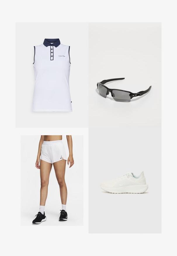 Trøye uten ermer i hvit med marineblå krage og detaljer. Har en tre-knappers knappestolpe og brodert logo på venstre bryst.; Hvite atletisk shorts med ribbet linning, sidespalter og en svart Nike-logo. Brukes med svarte joggesko og hvite ankelsokker.; Hvite sportsko med teksturert overdel, polstret krage og snøring. Har en buet såle og subtil merkevare på siden.; Sorte sportsbriller med grå linser, en buet rammedesign og logodetaljer på siden. Laget av lett plastmateriale.