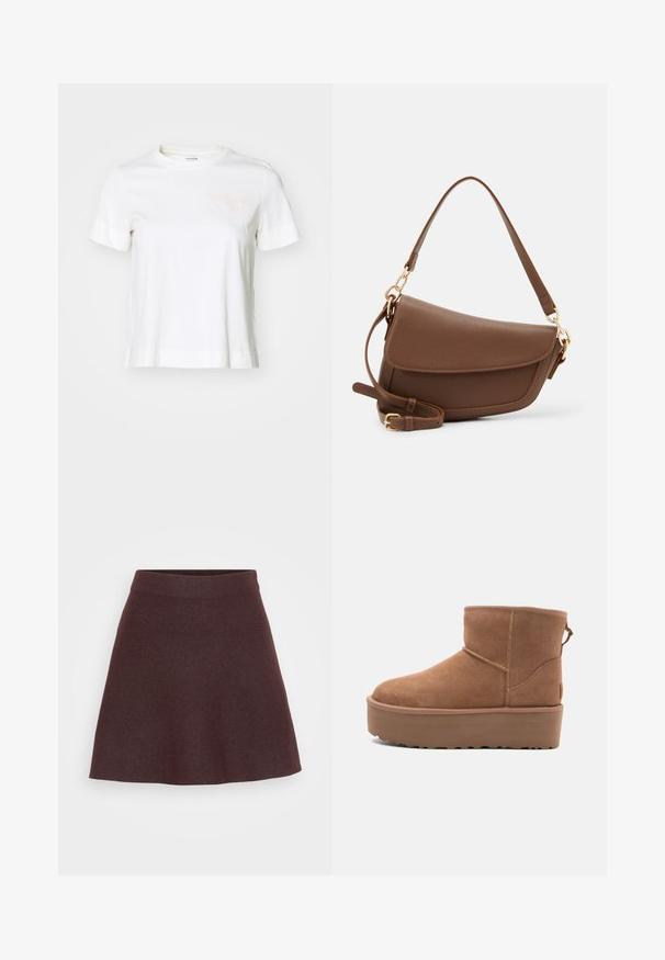 Valge lühikeste varrukatega t-särk, mis on valmistatud puuvillast, ümmarguse kaelusega, vasakul rinnaosas on heledate roosade tähtedega tekst "BJÖRN BORG".; Burgundia lõngknitist seelik, millel on laiema lüliga disain, lai vöökoht ja sile tekstuur, millel on ühtlane värv ilma mustrite või aktsentideta.; Kohvatooni nubukist põlvikute saapad platvormsööl with ümmarguse varbaga ja õmblusteenustega; seljal on kinnitusling, mis tagab mugava jalga panemise.; Pruun nahast õlakott tekstuuritud viimistlusega, kõver kuju, kuldse tooni riistvara, reguleeritav rihm ja klappkinnitus.