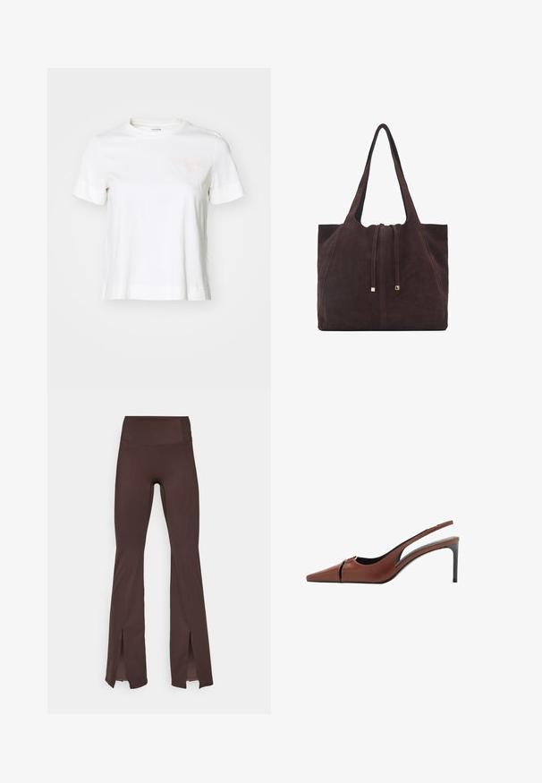 Tricou alb cu mânecă scurtă, din bumbac, cu guler rotund, având text de culoare roz deschis "BJÖRN BORG" pe partea stângă a pieptului.; Leggings maro cu fason evazat dintr-un material moale, cu talie înaltă și fante pe margine. Prezintă cusături plate pentru o potrivire netedă.; Sandale cu toc din piele maro, cu vârf ascuțit, detaliu decupat la vamp și un toc stiletto elegant. Textură netedă.; Mango Geantă de pânză - dark brown