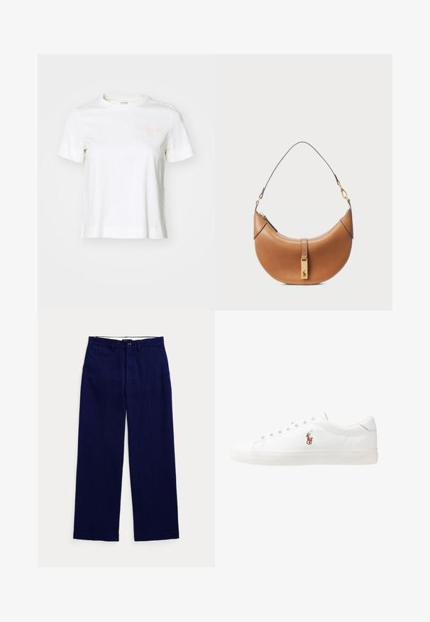 White short-sleeve t-shirt made of cotton with a round neck, featuring light pink text "BJÖRN BORG" on the left chest area.; Navy blue straight-leg trousers with belt loops, button closure, and side pockets on a plain light background.; White leather sneakers, low-top design, featuring a smooth texture, round toe, laced front, and a small embroidered logo on the side.; Tan leather handbag with a curved shape, gold hardware, and a thin shoulder strap. Features a zipper closure and logo detail on the front.