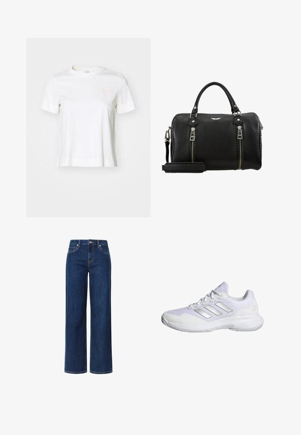 Hvid kortærmet t-shirt lavet af bomuld med rund hals, der har lyserød tekst "BJÖRN BORG" på venstre brystområde.; Bredde ben jeans i mørkeblå denim med en glat tekstur, der har en knap- og lynlåslukning, fem lommer og kontrastsyet.; Hvide sportsko med mesh-overdel, teksturerede paneler og sølvdetaljer. Har en polstret sål og rund tådesign.; Sort læder håndtaske med to sølv lynlåse, top håndtag, justerbar rem og nitter langs kanterne. Struktureret overflade.