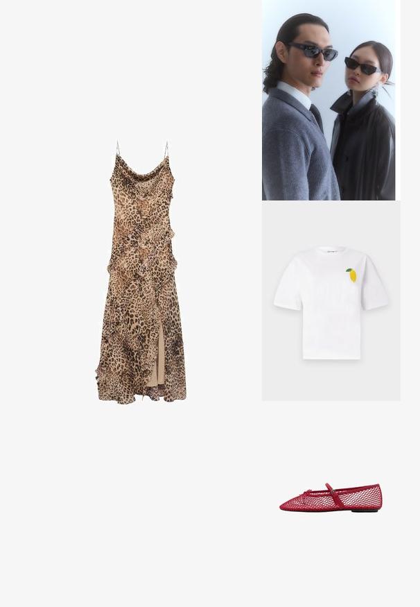 Camiseta blanca de algodón de mangas cortas, con un pequeño diseño de limón amarillo con una hoja verde en la parte izquierda del pecho.; Vestido de estampado de leopardo con diseño drapeado, que presenta volantes a lo largo de los bordes y una abertura alta en el muslo. Hecho de tela ligera con tirantes finos.; Bailarinas de malla roja con punta afilada, que cuentan con una delgada correa y detalle de hebilla. La parte superior tiene un patrón abierto en forma de panal.; Gafas de sol con montura negra angular en un modelo con un suéter gris, mostrando un tejido texturizado y una chaqueta de cuero negra usada por otro modelo.