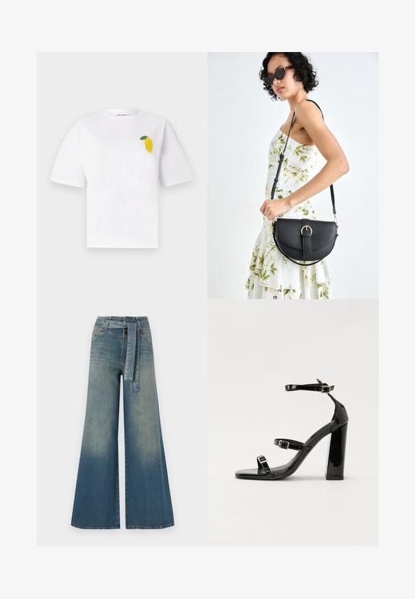 Camiseta de algodão branca com mangas curtas, apresentando um pequeno design de limão amarelo com uma folha verde na área esquerda do peito.; Calças de ganga de perna larga com um gradiente de azul claro a escuro, cintura alta, passantes para cinto e um cinto de tecido a condizer. Acabamento em ganga texturizada.; Sandálias de tacão preto laqueadas com bico quadrado, tiras para o tornozelo e fivelas prateadas. Apresentam um salto bloco chunky para estabilidade.; Bolsa de couro preta com forma curva, alça destacável e detalhes em dourado. A bolsa possui uma aba com detalhe de fivela.