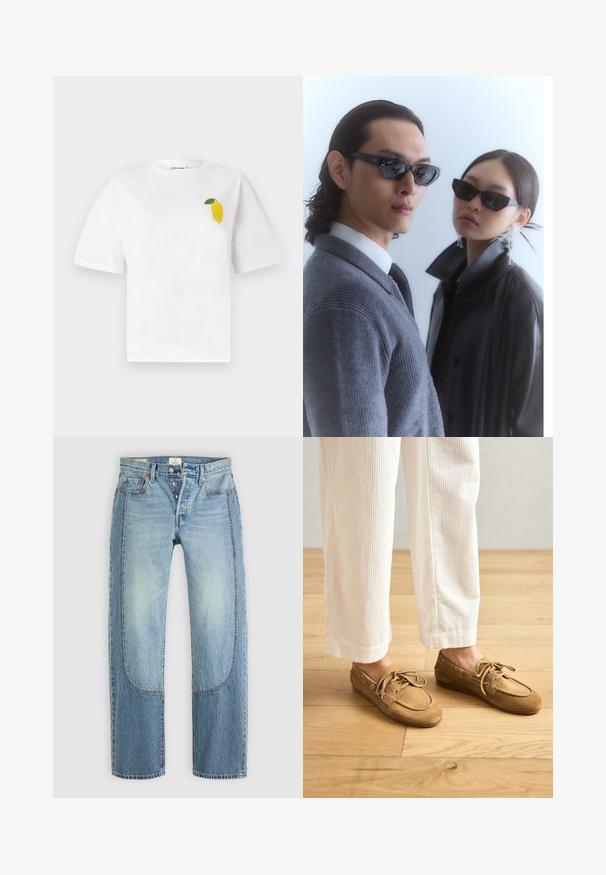 White cotton t-shirt with short sleeves, featuring a small yellow lemon design with a green leaf on the left chest area.; Light blue denim jeans with a straight, loose fit, featuring contrasting panel details and a five-pocket design. Button fly closure.; Brown suede boat shoes with laces, featuring a rounded toe and stitched accents. Worn with white corduroy pants in a wooden setting.; Sunglasses with angular black frames on model with a gray sweater, showcasing textured knit and a black leather jacket worn by another model.