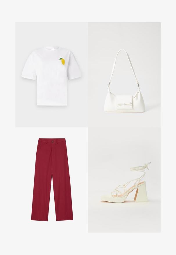 Balta medvilninė marškinėliai trumpomis rankovėmis, su maža geltona citrinos dizainu ir žalia lapeliu kairėje krūtinės pusėje.; Platus kojos kelnės pagamintos iš glotnaus, tekstūruoto audinio tamsiai raudonos spalvos. Turi priekinę kišenę ir vieną sagą liemens srityje.; Balti aukštakulniai sandalai su masyviu kulnu, su dirželių dizainu ir kulkšnies raiščiu. Lygi tekstūra su platforma priekyje, suteikianti papildomą aukštį.; Balta sintetinė rankinė trikampio formos, plokščiu priekiu su užsegimu, kaspino detale, reguliuojama dirželiu, lygia tekstūra ir minimalistišku dizainu.