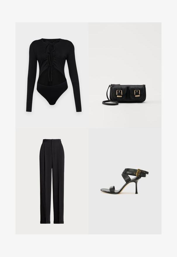 Body nero a maniche lunghe con scollo rotondo, presenta lati tagliati e lacci frontali regolabili. Realizzato in tessuto liscio e stretch.; Pantaloni neri su misura a vita alta, con pieghe frontali, design a gamba dritta e orlo con risvolto. Realizzati in tessuto morbido.; Sandal nero con tacco a spillo, straps incrociati e fibbia regolabile. Presenta una texture liscia e un tacco affusolato.; Borsa a tracolla nera in pelle con due tasche frontali, fibbie dorate, chiusura con zip e una tracolla sottile. Superficie texturizzata e forma rettangolare compatta.