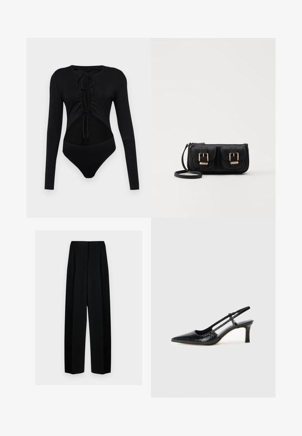 Melnā bodijs ar garām piedurknēm un apaļu kakla izgriezumu, ar izgrieztiem sāniem un regulējamiem priekšējiem saitēm. Izgatavots no gludas, elastīgas auduma.; Melni plati bikses ar augstu jostasvietu, kas papildinātas ar pudiem un gludu tekstūru. Audums izskatās viegls un eleganti krīt.; Melna patent āda ar slīdošo papēdi un smailo purngalu, ar teksturētu čūsku drukājumu, regulējamu siksniņu un īsu teksturētu blokpapēdi.; Melnas ādas crossbody soma ar divām priekšējām kabatām, zelta sprādzēm, ar rāvējslēdzēju aizdari un šauru siksnu. Strukturēta virsma un kompakta taisnstūra forma.