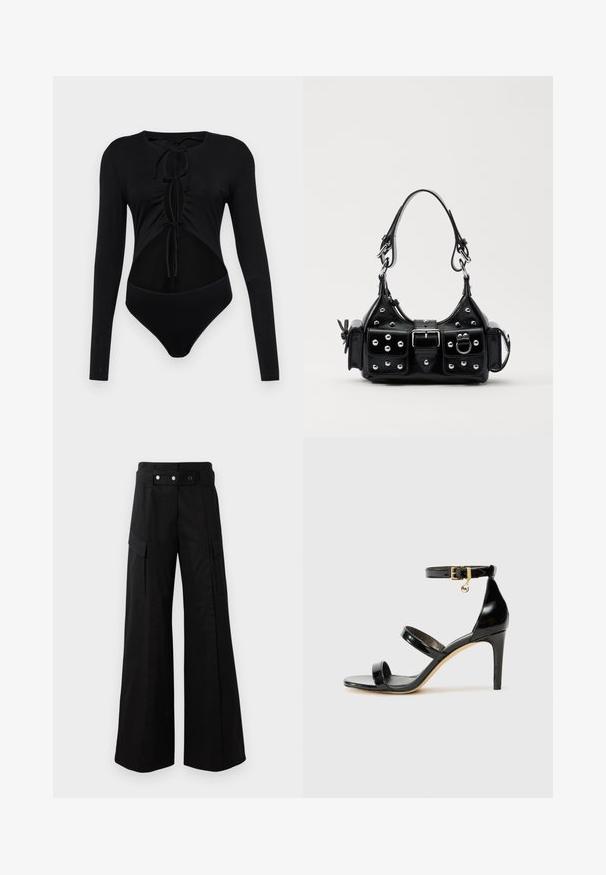 Černý bodysuit s dlouhým rukávem a kulatým výstřihem, má výřezy po stranách a nastavitelné přední šňůrky. Vyrobeno z hladké, elastické tkaniny.; Černé kalhoty s širokými nohavicemi a vysokým pasem, které mají velké boční kapsy, dva přední knoflíky a detail v podobě poutka. Vyrobeno z pevné látky.; Černé lakované kožené sandály se třemi pásky, sponou na kotníku a 10 cm jehlovým podpatkem. Obsahují zlaté kovové detaily a logo přívěsek.; Černá kožená kabelka s křivkovým designem, zdobená stříbrnými hřebíky, s přezkou a dvěma bočními kapsami. Nastavitelný popruh pro různé možnosti nošení.
