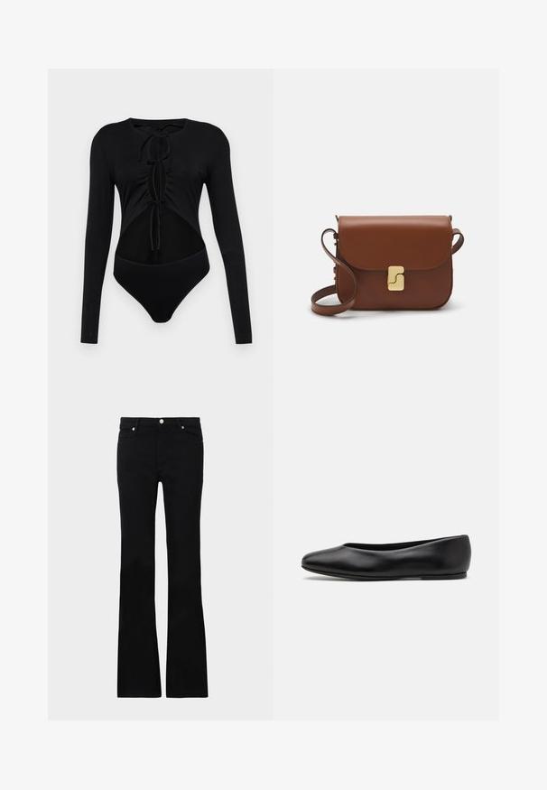Body nero a maniche lunghe con scollo rotondo, presenta lati tagliati e lacci frontali regolabili. Realizzato in tessuto liscio e stretch.; Jeans neri svasati in denim, dotati di due tasche anteriori, chiusura con bottone e una texture liscia. Cuciture iconiche visibili nei punti di giuntura.; Paul Smith TOPANGA - Ballerine - black; Borsa a tracolla in pelle marrone con chiusura a pattina, hardware color oro, tracolla e una finitura liscia. Forma rettangolare compatta.