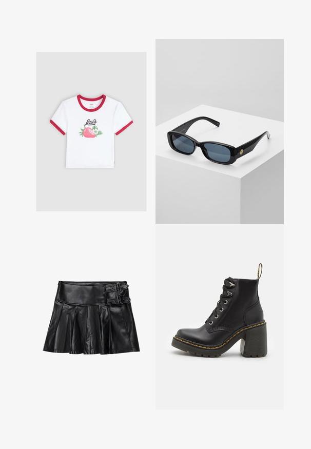 Hvit bomull t-skjorte med rød ribbestrikket krage og ermer. Har et jordbærmotiv med grønne blader og "Levi's" logoen trykket over.; Svart skinnskjørt med folder, bred midje og to spenne-detaljer på siden. Glatt tekstur med en blank overflate.; Sorte svarte lær ankelstøvler med kraftig høy hæl, snøring foran, metallhull og gule sømmer langs sålen. Teksturert gummisåle.; Svarte rektangulære solbriller med blå tonede linser, tykke rammer og en guldfarget sirkulær detalj på siden. Slank, blank overflate.; Burgunderfarget håndveske laget av syntetisk materiale med en strukturert design, som har en avtagbar stropp og et blomstermønstret skjerf knyttet til håndtaket.