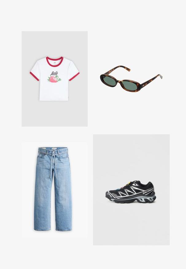Hvid bomulds t-shirt med rød ringerkrave og ærmer. Har et jordbær grafik med grønne blade og "Levi's" logoet trykt ovenover.; Lysblå denim bukser med vid ben, høj talje, knap- og lynlåslukning samt snoretræk i taljen. Raflet kant.; Sort løbesko med sølv detaljer, GORE-TEX materiale, tekstureret sål og farverige snørebånd. Har en polstret hæl for støtte.; Skildpaddemønstrede solbriller med ovale stel og grønne linser. Har tynde arme med en metallisk detalje nær hængslerne.; Brun læder skuldertaske med et cirkulært mønster, en buet silhuet, guldfarvet hardware og en aftagelig rem til alsidig bæring.