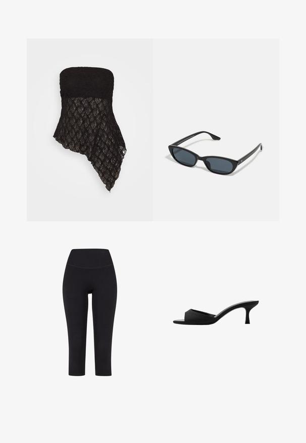 Crni čipkasti top bez naramenica s teksturiranim korzetom i asimetričnim rubom, sa složenim cvjetnim uzorcima kroz cijelu površinu.; Crna čipkasta majica s otvorenim ramenima, dugim zvonastim rukavima i valovitim rubovima. Strukturalni cvjetni uzorak kroz cijelu majicu.; Crne legging hlače do tri četvrtine dužine, izrađene od rastezljivog materijala, s visokim strukom i bez vidljivih uzoraka ili metalnih dijelova.; crne potpetice s otvorenim prstima i zakrivljenim gornjim dijelom. Izrađene su od teksturirane tkanine, s elegantnom potpeticom i glatkom đonom.; Crne mačkaste sunčane naočale s tamnim staklima, plastičnim okvirom, uskim stablima i suptilnim oznakama na unutarnjoj strani. Mat tekstura završne obrade.