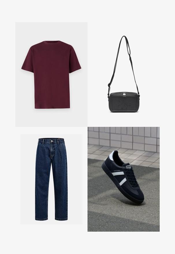 Bordeaux katoenen t-shirt met korte mouwen, ronde hals en een gladde textuur. Eenvoudig ontwerp zonder patronen of extra details.; Donkerblauwe denim jeans met een rechtlopende pasvorm. Beschikt over zichtbare stiksels, een knoopsluiting en voorste plooien voor extra detail.; Zwarte leren sneaker met witte strepen, een gestructureerde rubberen zool en vetersluiting aan de voorkant. Voorzien van een merklabel op de tong.; Zwarte leren schoudertas met een ritssluiting, reliëflogo aan de voorkant en een verstelbare schouderriem. Gladde textuur met een rechthoekige vorm.