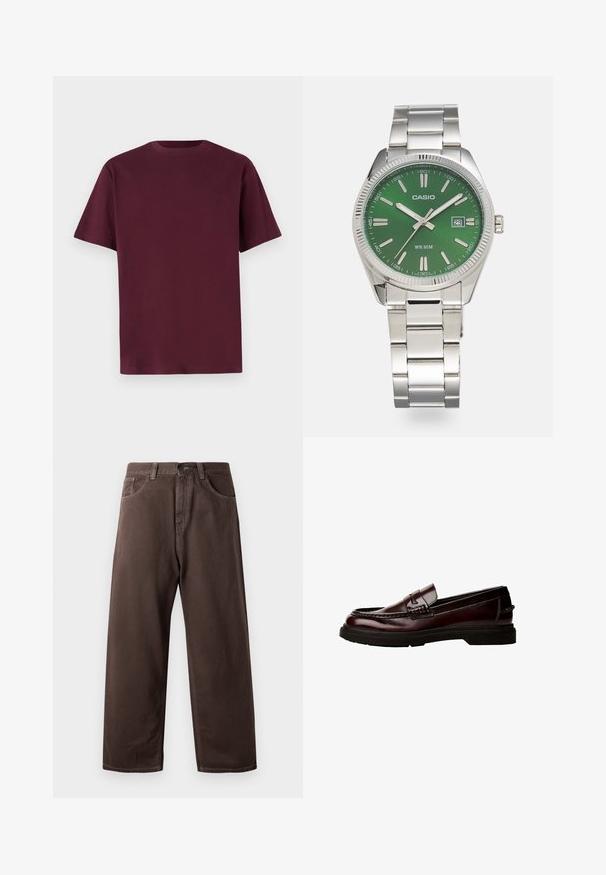 T-shirt en coton bordeaux à manches courtes, col rond et texture lisse. Design simple sans motifs ni détails supplémentaires.; Pantalons larges marron en coton, avec un design classique à cinq poches, une fermeture éclair et des détails de couture visibles.; Mocassins en cuir marron avec un bout arrondi, une couture détaillée et une semelle en caoutchouc. Présente une sangle décorative et une texture lisse.; Montre en acier inoxydable argenté avec un cadran rond vert, index horaires argentés, affichage de la date et bracelet en maillon métallique. Résistante à l'eau jusqu'à 50 mètres.