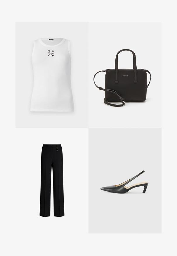 White tank top with a ribbed texture, round neckline, and black embroidered logo at the center, featuring butterfly accents.; Black wide-leg trousers made of smooth fabric. Features a button closure and a gold-tone metal accent on the waistband. Straight, tailored fit.; Black pointy-toed slingback shoe with a low heel, featuring smooth leather material and cut-out design on the side for breathability.; Black handbag with dual short handles and a removable shoulder strap. Smooth leather-like material with a zip closure and logo detail.