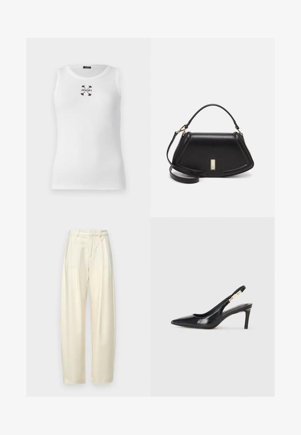 White tank top with a ribbed texture, round neckline, and black embroidered logo at the center, featuring butterfly accents.; Pleated, high-waisted trousers in light cream fabric. Features a straight cut and a smooth texture. No pockets or visible hardware.; Black leather slingback high-heeled shoe with a pointed toe, smooth texture, and a narrow ankle strap featuring gold hardware accents.; Black leather handbag with a structured design, featuring a cropped shape, top handle, and gold hardware accent. Adjustable shoulder strap included.