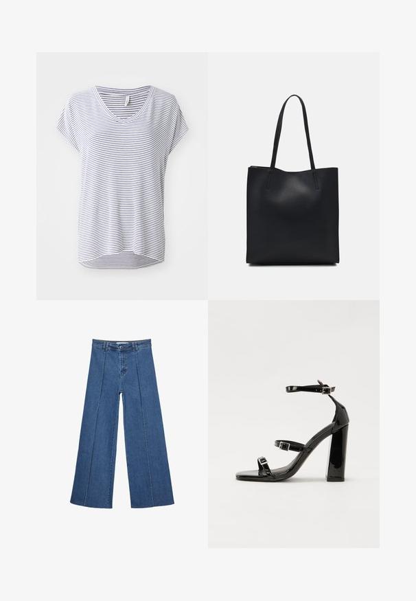 Pasišene kratke rokave T-shirt v beli in mornarsko modri barvi, z ohlapnim krojem in zaobljenim robom. Mešanica bombaža za udobje.; Jeans širokih nogavic v srednji modri barvi, z visokim pasom, gumbom in kontrastnimi navpičnimi šivi spredaj.; Črne lakirane sandale s peto, kvadratnim prstom, trakovi okrog gležnja in srebrnimi zaponkami. Opremljene so s stabilno Debelo peto.; Črna usnjena torba s svilnato teksturo, pravokotne oblike in dvema dolgima ročajema. Brez vidnih metalnih delov ali okrasnih elementov.