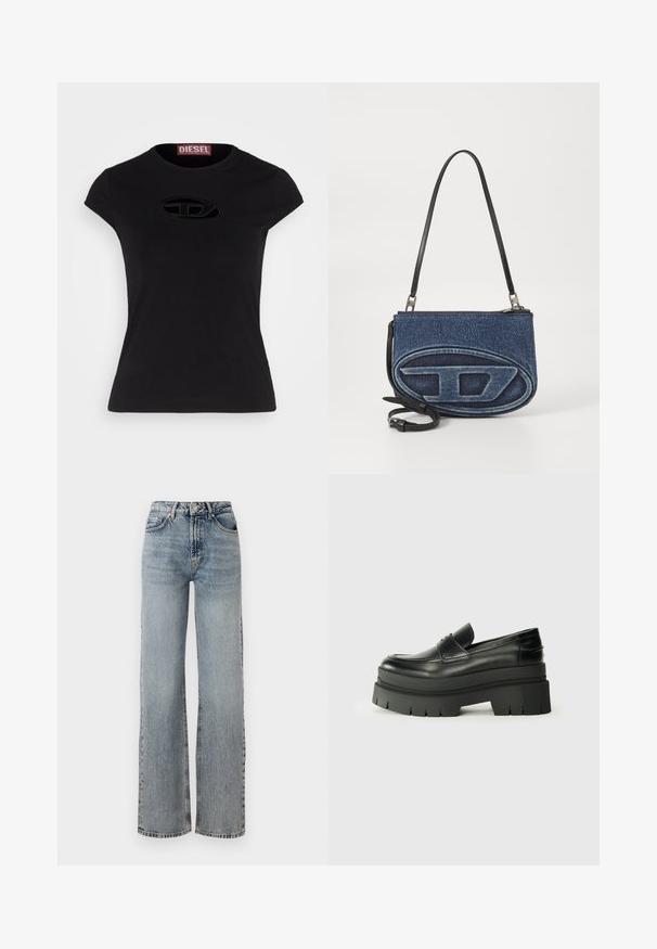 Zwarte t-shirt met korte mouwen en een getailleerd ontwerp, met een getextureerd Diesel-logo in ovale vorm op de voorkant.; Lichtblauwe denimjeans met een hoge taille, wijde pijpen, vervaagd afwerking en subtiele versleten details. Klassieke vijf-pocket styling.; Zwarte lederen loafers met een chunky plateauzool. Rondere neus, naden aan de voorkant en subtiele stikselaccenten. Vlakke, gestructureerde buitenzool.; Denim schoudertas met een zwarte leren schouderband, ovaal logoontwerp aan de voorkant en een ritsluiting aan de bovenkant. Gedeeltelijk gestructureerde afwerking.