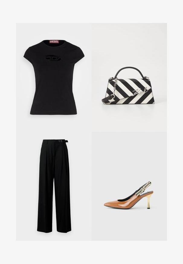 Black short-sleeve t-shirt with a fitted design, featuring a textured Diesel logo in an oval shape on the front.; Black wide-leg trousers with a high waist, pleats at the front, and a belt featuring a buckle. Made from smooth, lightweight fabric.; Brown patent leather slingback pump, pointed toe, thin gold heel, black interior, fabric strap with logo detail on the back.; Black and white striped handbag with a structured shape, featuring a top handle, a detachable chain strap, and metallic logo accent.