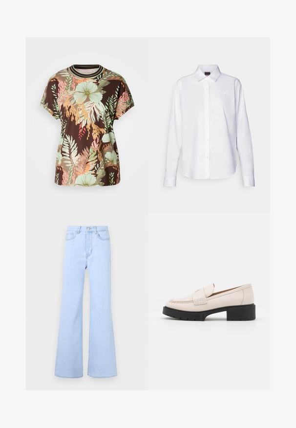 Hnědé tričko s živou tropickou květinovou potiskem v zelené, broskvové a červené barvě. Krátké rukávy, kulatý výstřih a uvolněný střih.; Bílé košile s dlouhými rukávy, zapínání na knoflíky, vyrobené z bavlny. Má klasický límec a diskrétní vyšívané logo na hrudi. Hladká textura.; Světle modré zvonové džíny s vysokým pasem, obsahující pět kapes, zapínání na knoflík a hladký denimový povrch. Okraje jsou pečlivě sešité.; Světlobéžové kožené mokasíny se střiženým předním dílem a texturovaným černým platformovým podpatkem. Obsahují zakřivený design a mírné zvýšení.
