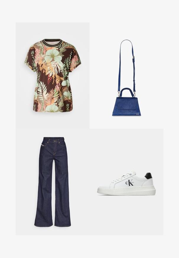 Hnedé tričko s živým tropickým kvetinovým vzorom v zelenej, broskyňovej a červenej farbe. Krátke rukávy, okrúhly výstrih a uvoľnený strih.; Tmavomodré široké džínsy z denimu s vysokým pásom, zdobené oranžovým šitím, päť vreckovým dizajnom a zapínaním na gombík.; Biele nízke tenisky s čiernym pätkovým dielom, platformovou podrážkou, šnúrkami a logom "CK" značky Calvin Klein na boku.; Modrá umelecká kožená taška s trojuholníkovým tvarom, s hornou rúčkou a nastaviteľným ramenným popruhom. Má hladkú textúru a detail predného klopa.