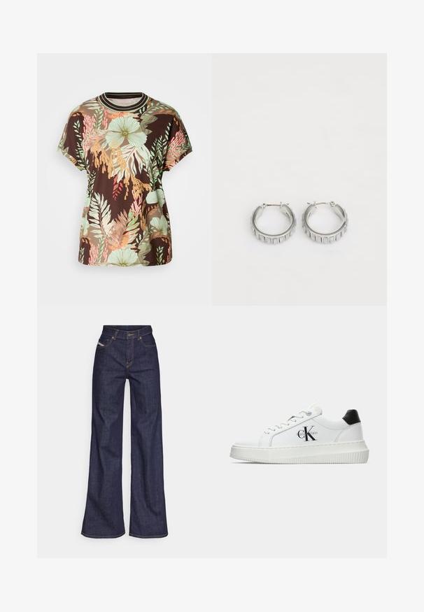 Ruda marškinėliai su ryškiu tropiku gėlių raštu žalia, persikų ir raudona spalvomis. Trumpomis rankovėmis, apvaliu kaklu ir laisvu siluetu.; Tamsiai mėlynos plačios kojų džinsinės kelnės iš denimo audinio su aukštu liemeniu, su oranžinėmis siūlėmis, penkių kišenių dizainu ir sagčių užsegimu.; Balti žemakulniai bateliai su juodu kulno dangteliu, platformos padu, raišteliais ir Calvin Klein "CK" logotipu šone.; Sidabrinės auskarų žiedai su tekstūruotu dizainu, turinčiu vertikalias briaunas. Apskritimo forma su saugiu užraktu. Lygi apdaila.