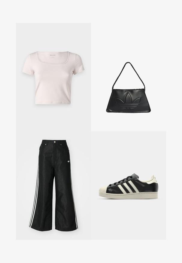 Light pink short-sleeve t-shirt with a square neckline, made from soft material, featuring a fitted design and minimal seams.; Black wide-leg denim pants with three white stripe accents on each side and a small white logo. Features front pockets and a button closure.; Black leather sneaker with white stripes, rubber toe cap, black laces, and a cream-colored outsole. Smooth texture with shiny finish.; Black leather handbag with a trapezoidal shape, featuring a raised Adidas logo design and a thin shoulder strap. Zipper closure at the top.