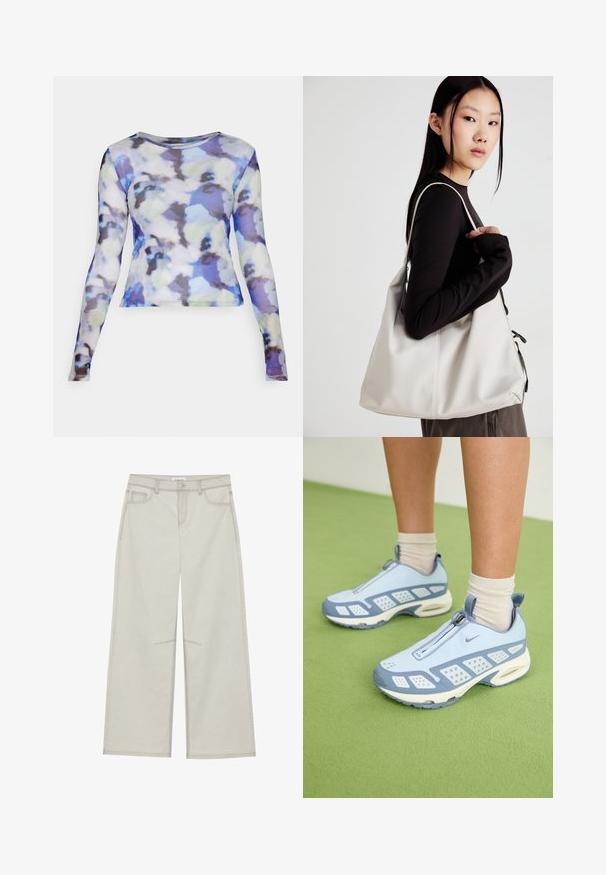 Noisy May NMJUDITH BG - Hosszú ujjú felső - pearled ivory/petal; Világosszürke, bő szárú nadrág, öt zsebbel, elülső gombos záródással és kontrasztos varrással a varrások mentén. Az anyag puhanak és tartósnak tűnik.; Világoskék sportcipők fehér díszítéssel, texturált panelek és cipzáras záródás. Jellemzője a látható légpárnás talp és a gumitalp.; Puha anyagból készült bézs kézitáska, laza dizájnnal, varrott részletekkel és két vállpánttal. Mindennapi használatra alkalmas.