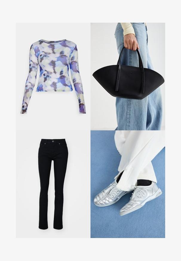 Noisy May NMJUDITH BG - Hosszú ujjú felső - pearled ivory/petal; Fekete farmernadrág, slim fit szabással, öt zsebes dizájnnal, zipzárral és gombos zárással. Simább textúra és enyhe elasztikus anyag a kényelem érdekében.; Ezüst sportcipők sima, fényes felülettel, varrott mintázattal és a 90-es számmal az oldalán, fehér nadrággal párosítva.; Fekete bőr kézitáska egyedi legyezőformával, lapos füllel. A felülete kőriszerű textúrájú és minimalista dizájnnal rendelkezik.