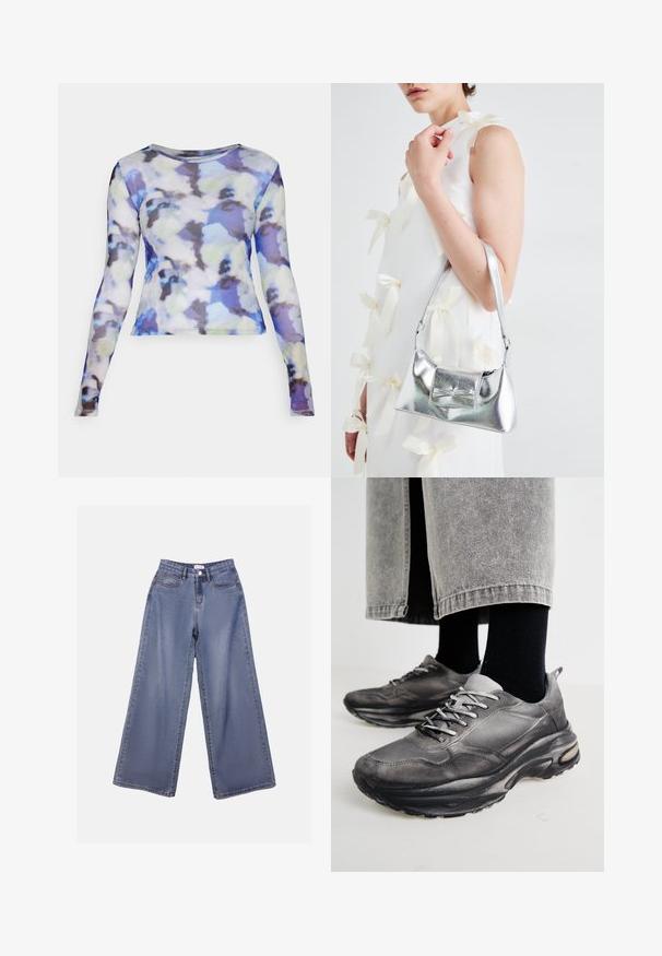 Noisy May NMJUDITH BG - Camisola de manga comprida - pearled ivory/petal; Calças de ganga de perna larga numa lavagem azul clara, com uma cintura alta, bolsos frontais e fecho de botão com passadores para cinto.; Sapatilhas atléticas pretas e cinzentas apresentam um upper em malha, solas espessas e atacadores. Têm um bico arredondado e detalhes de amortecimento visíveis.; Bolsa metálica prateada com uma forma estruturada, apresentando uma alça superior e um detalhe de laço na frente. Textura suave, acabamento reflexivo.