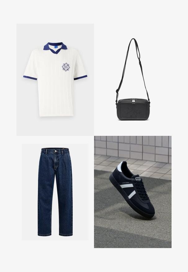 White short-sleeve polo shirt with navy collar and trim. Features a textured pattern and a navy badge with “EST 1980” detailing.; Dark blue denim jeans with a straight-leg design. Features visible stitching, a button closure, and front pleats for added detail.; Black leather sneaker with white stripes, textured rubber sole, and lace-up front. Features a branded label on the tongue.; Black leather crossbody bag with a zip closure, embossed logo on the front, and adjustable strap. Smooth texture with a rectangular shape.