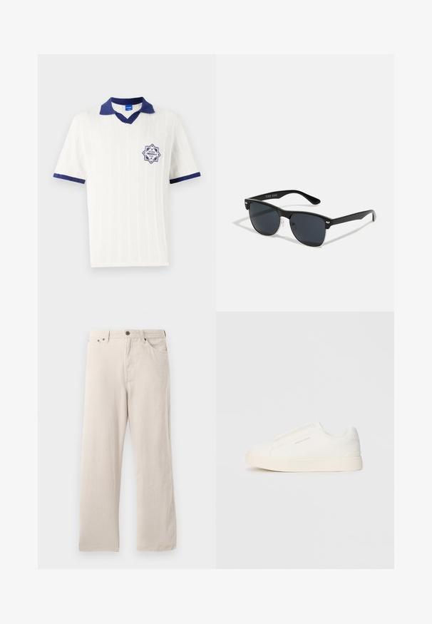 Bijela polo majica kratkih rukava s mornarskom ovratnikom i obrubima. Sadrži strukturirani uzorak i mornarsku oznaku s natpisom "EST 1980".; Bež kordura hlače s ravnim krojem, s rebrastom teksturom, dizajnom s pet džepova i zatvaranjem na gumbi.; Bijele slip-on tenisice s teksturiranom površinom, debelim đonom i minimalističkim dizajnom. Sadrže logo branda sa strane.; Crne sunčane naočale pravokutnog oblika, tamne leće, srebrni detalji na sljepoočnicama i matirajuća završna obrada okvira.